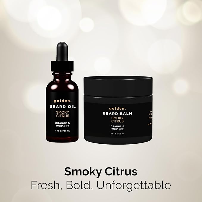 Golden Grooming Beard Oil & Balm Bundle for Men | Natural Growth Kit with Shea Butter | 2oz Balm & 1oz Oil | Smoky Citrus – Limited Edition