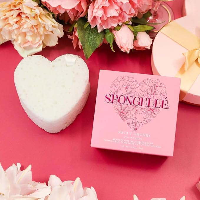 Spongellé Sweet Orchid Heart Buffer – Exfoliating Body Wash Infused Sponge with Orchid Scent – Perfect for Valentine's & Mother's Day Gifts