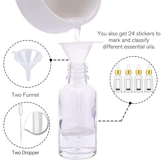 PrettyCare Eye Dropper Bottle 2 oz (12 Pack Clear Glass Bottles 60ml with Golden Caps, 24 Labels, Funnel & Measured Pipettes) Empty Tincture Bottles for Essential Oils