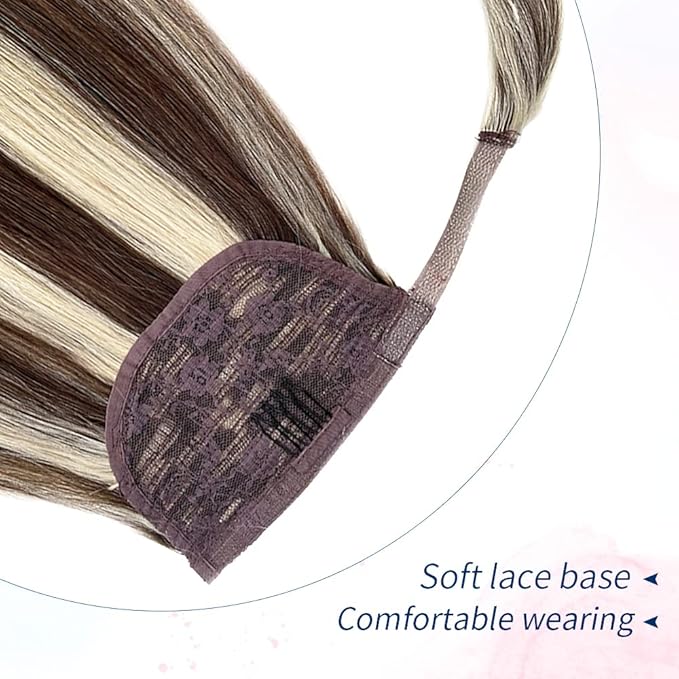 Ponytail Extension Human Hair Brown to Blonde Highlights Pony Tail Hair Pieces Clip in Wrap Around Pony Remy Hair Extensions for Women 16 Inch 80G #2P16