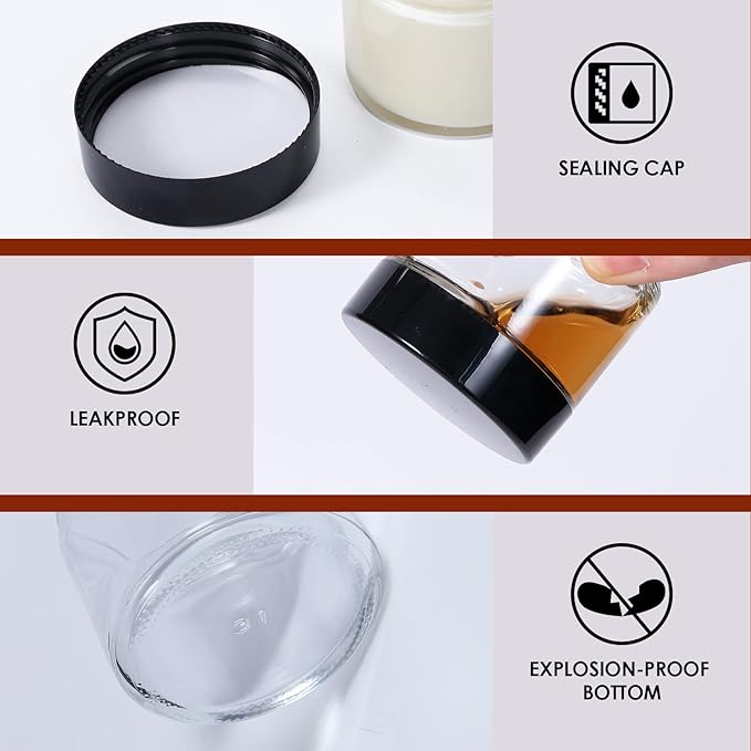 1oz Glass Jar with Lid, Hoa Kinh 40 Pack Clear Round Containers Cosmetic Glass Jars with Inner Liners and Black Lids Travel Jars for Storing Lip and Body Scrub, Lotion, Body Butter, Bath Salts, Liquid