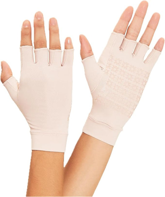 Unisex Fingerless Sun Gloves Anti-Aging Sun Protective UPF 50+ (Light Caram, Medium)