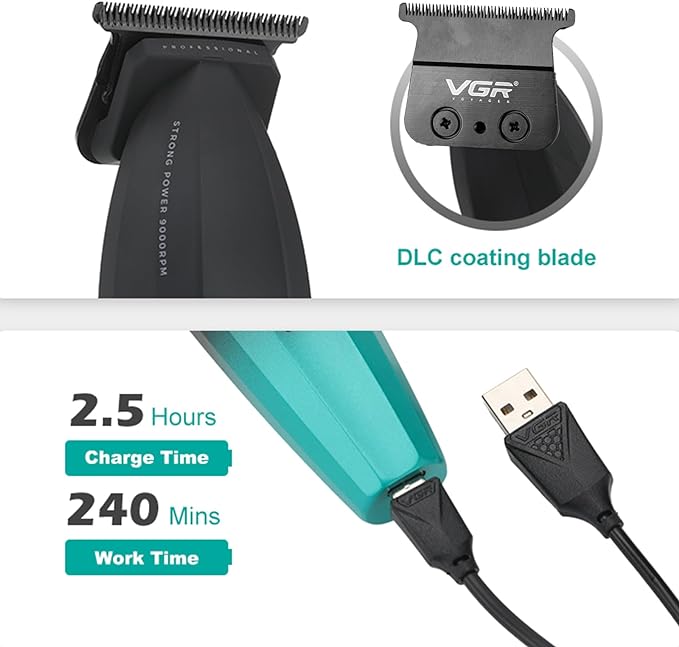 VGR 906 Fresh Fade Professional Hair Trimmer, 9000rpm Zero Gapped Beard Trimmer for Men, DLC T-Blade Cordless Hair Clipper for Barbers and USB Rechargeable, Green