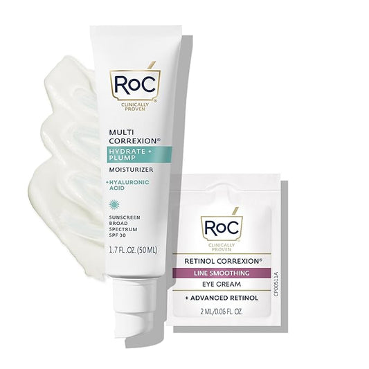 RoC Multi Correxion 1.5% Pure Hyaluronic Acid Anti Aging Daily Face Moisturizer with Broad Spectrum Sunscreen SPF 30 (1.7 oz) with Retinol Eye Cream Packette (Packaging May Vary)