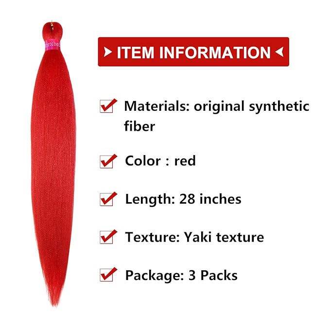 Red Braiding Hair 28 Inch 3 Packs Pre Stretched Braiding Hair for Box Braids Hot Water Setting Easy Braid Yaki Texture Braids Synthetic Hair Extensions Crochet Bradids Hair