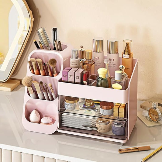 Anyoifax Makeup Organizer with Drawers Vanity Organizer Countertop with Brush Holder Large Perfume Organizer for Dresser Skin Care and Lotion Storage for Nail Polish, Lipsitck, Palettes, Pink