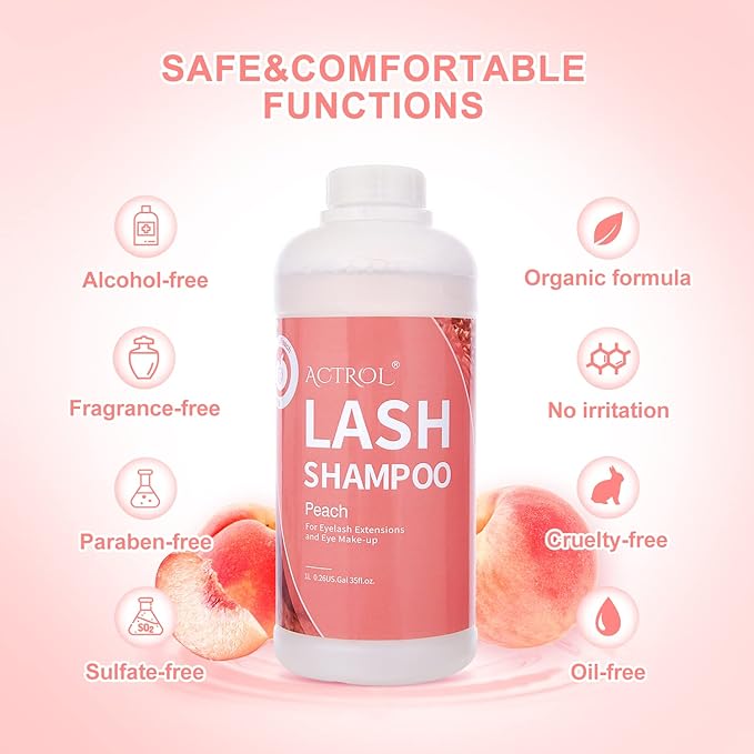 Eyelash Extension Cleanser Peach 1L Natural Lash Extension Shampoo Professional Eyelid Foaming Cleanser Paraben & Sulfate Free Non-lrritating with Salon and Home Care