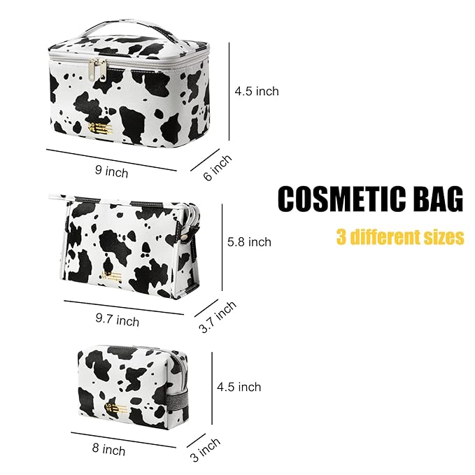 MIRASON Makeup Bag Travel Toiletry Bag for Women, Cute Make Up Bag Set of 3 for Purse Pouch Zipper Makeup Organizer Bag PU Leather Washable Waterproof Cosmetic Bag (Cow Print)