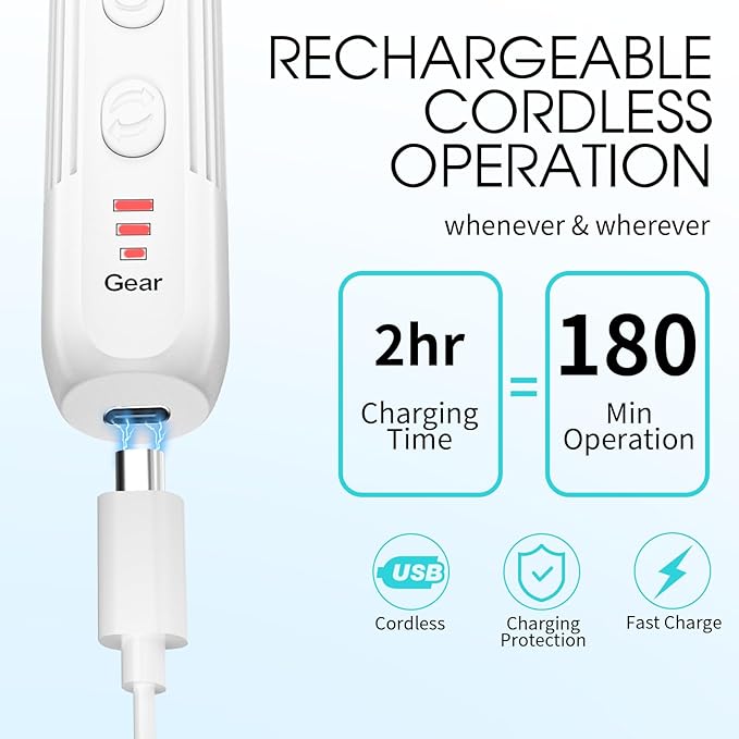 Electric Nail Drill, Professional Manicure Pedicure Kit, Cordless Electric Nail File Set, Rechargeable Pedicure Tools for feet, 3 Speeds Hand Foot Care Nail Drill for Thick Nail Toenail Cuticle-White