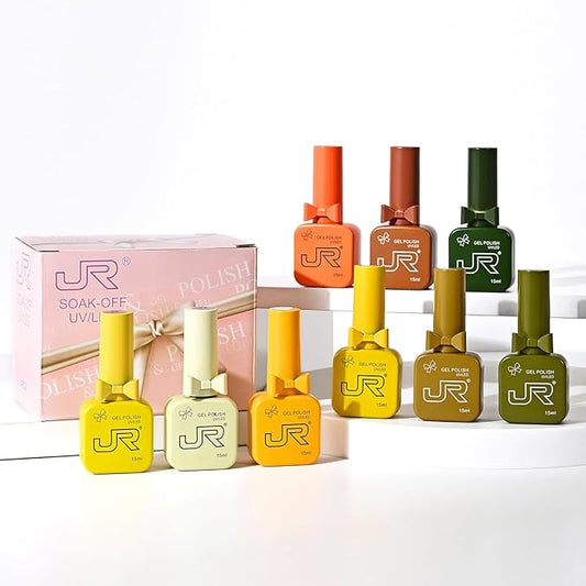 JR 9 Pcs 0.5oz Gel Polish Kit 9 Bright Shades for Beach Vacations & Pool Parties, Quick Dry, Fade-Proof & Non-Toxic Soak Off Polish Home DIY Gift E Yellow Series