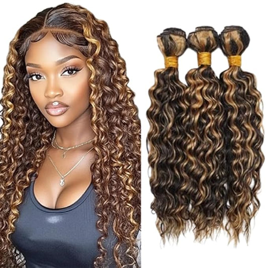 P1B/27 Water Wave Human Hair Bundles Highlight Curly Hair Bundles Two Tone Black and Blonde Human Hair Brazilian Weave Soft and Silky for Black Women 20 22 24 Inch