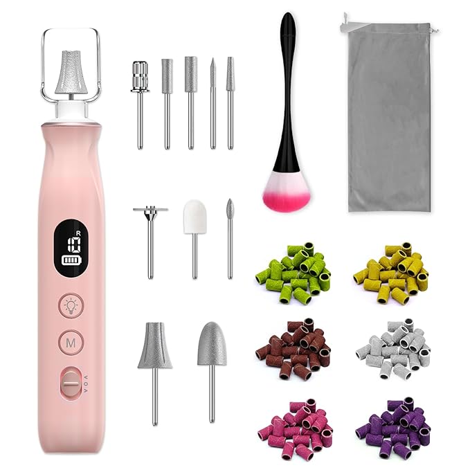 Cordless Electric Nail File Set, 10 Speeds Professional Manicure Pedicure Kit with LED Light & LCD Screen, Portable Nail Drill for Natural & Acrylic Nails, Human & Pet Thick Toenails (Pink)