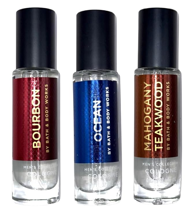 Mini Cologne Set for Men by Bath + Body Works - Mahgany Teakwood, Ocean, and Bourbon - 0.5 fl oz / 15 mL each
