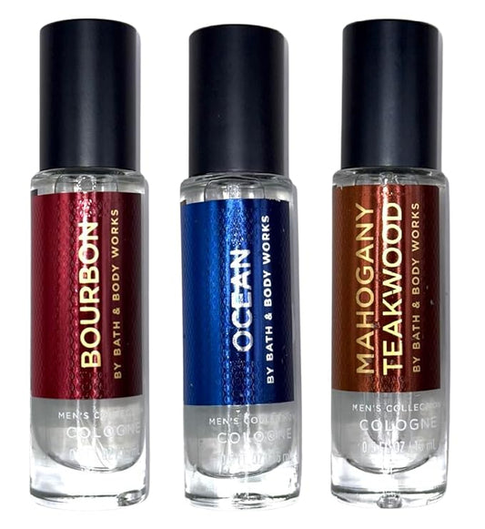 Mini Cologne Set for Men by Bath + Body Works - Mahgany Teakwood, Ocean, and Bourbon - 0.5 fl oz / 15 mL each