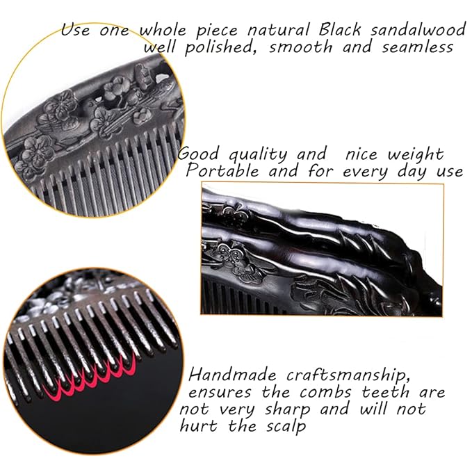 Ebony Wood Comb - Carved Craft Natural Black Sandalwood Hair Comb for Women - No Static Fine Tooth Comb with gift box (Birds and flowers)