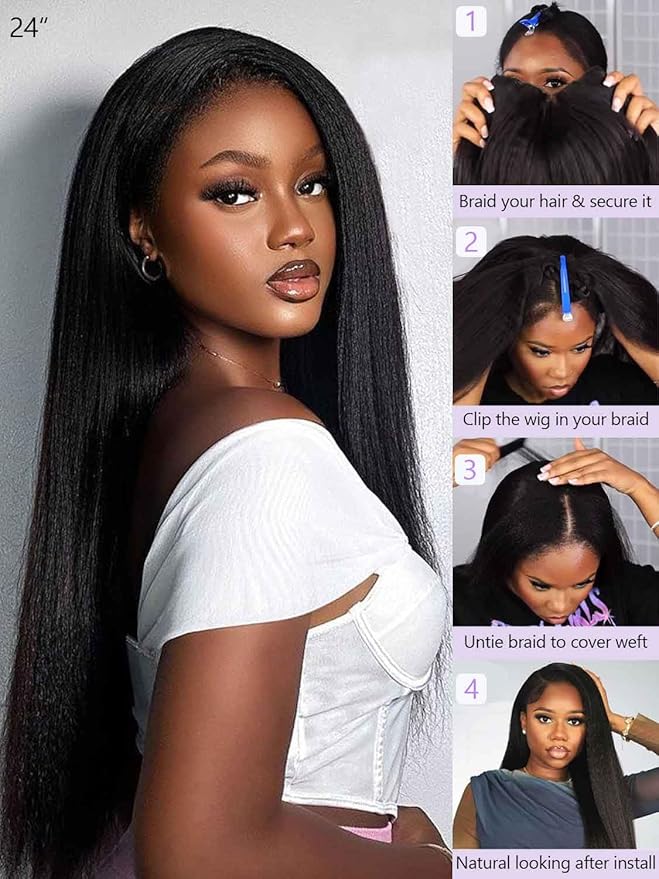 DMKEEP Kinky Straight U Part Human Hair Wig 12A Upgraded Glueless Full Head Clip in U Part Wigs for Women 22 Inch