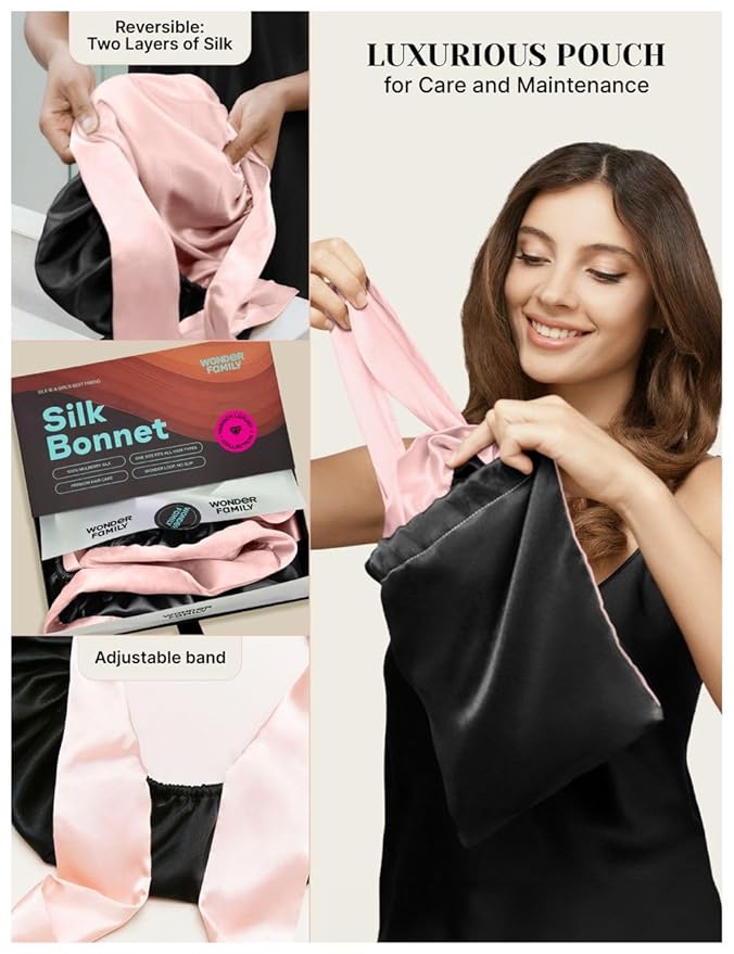 100% Mulberry Silk Bonnet for Sleeping Women with Curly Hair - Short Long Hair Bonnet for Sleeping - Alternative to Double Layer Satin Bonnet with Tie Band - Premium Wrap for Sleep Black
