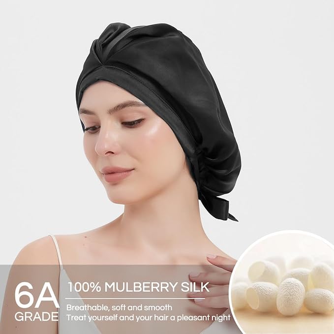 RachelSilk 100% Mulberry Silk Sleep Cap, Grade 6A 19 Momme Silk for Women Hair Care, Night Bonnet with Elastic Stay On Head, Sleep Cap After Shower, for Small -Medium Head Size (Black)