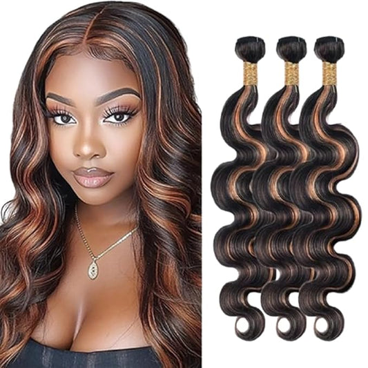 P1B30 Highlight Human Hair Body Wave Bundles Black Mixed With Light Brown Body Wave Bundles Brazilian Wavy Weave With Soft and Silky for Women 10 12 14 Inch