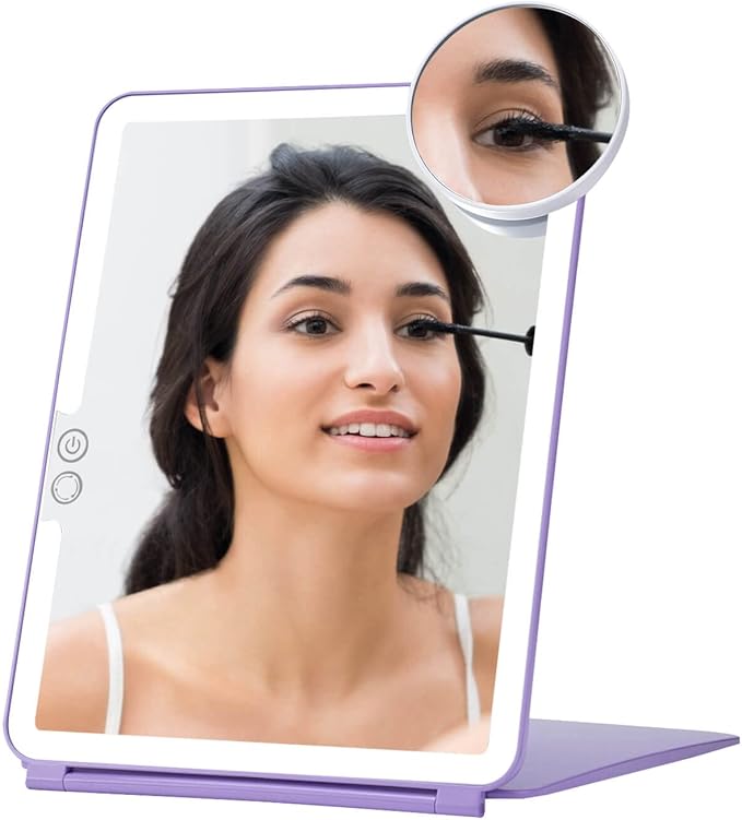 LED Foldable Travel Makeup Mirror - 7x9 inches 3 Colors Light Modes USB Rechargeable Touch Screen, Portable Tabletop Cosmetic Mirror for Travel, Cosmetic, Office (Violet)