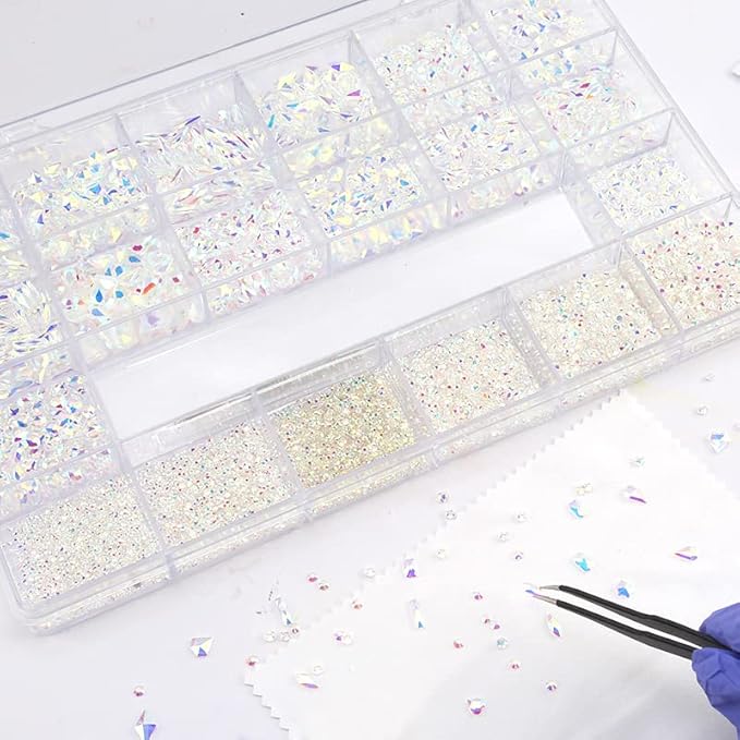 10000 Pcs Transparent AB Crystal Flatback Rhinestones Set for Nail, Art, Crafts, Makeup, Tumblers Glitter Round with Tweezers and Picking Pen