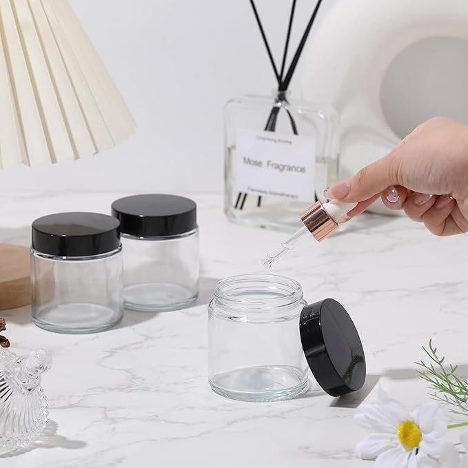 Norme 24 Pcs 4 oz Glass Jars with Lids Leakproof Round Airtight Empty Cosmetic Jars with Inner Liners Lid for Storing Lotions Powder Ointments Candle Making (Black,Clear)