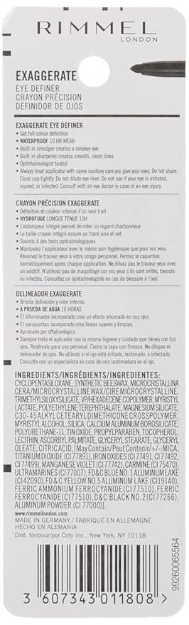 Rimmel London Exaggerate Waterproof Eye Definer Eyeliner, Highly Pigmented, Long-Wearing, Built-In Smudger, 261, Noir, 0.01oz