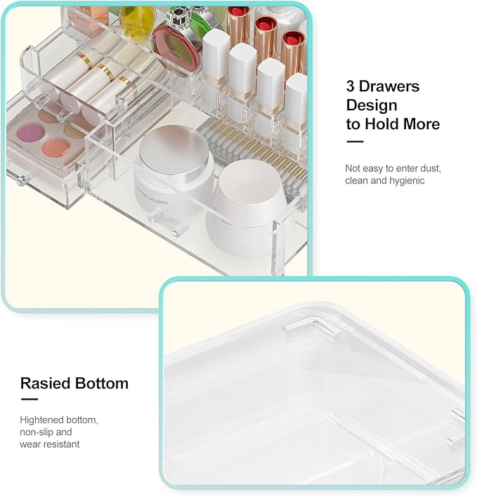 Clear Makeup Organizer for Vanity, Large Acrylic Bathroom Organizer Countertop with 3 Storage Drawers, Skin Care Organizer Storage Cosmetic,Nail Polish, Jewelry, Great for Stationery