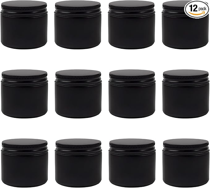 Cornucopia 2-Ounce Black Coated Glass Jars (12-Pack); Cosmetic Jars with Black Metal Lids and Black Matte Exterior