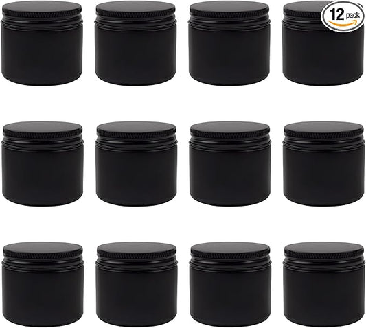 Cornucopia 2-Ounce Black Coated Glass Jars (12-Pack); Cosmetic Jars with Black Metal Lids and Black Matte Exterior