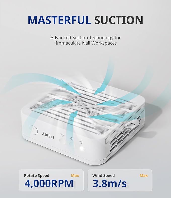 AIRSEE GD3 Nail Dust Collector for Salon and Home Use,Powerful and Quiet Manicure Vacuum for Acrylic Gel Nail Polishing with Reusable Filter,3-Speed Adjustable Extractor Fan,White