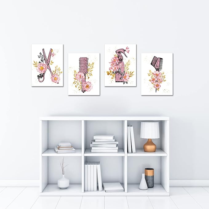 SkenoArt Beauty Salon Wall Art Haircut Tools Painting Hair Salon Barbershop Pictures Hairdresser Wall Decor Fashion Cosmetic Canvas Art Painting Gifts for Hair Stylists Woman Framed