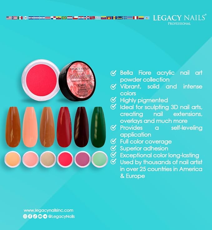 Legacy Nails Professional COLLECTION Acrylic Powder Kit 6 Colors Nail Art Set for Manicure DIY for Dip & Acrylic Nail Extensions (BELLA FIORE COLLECTION)