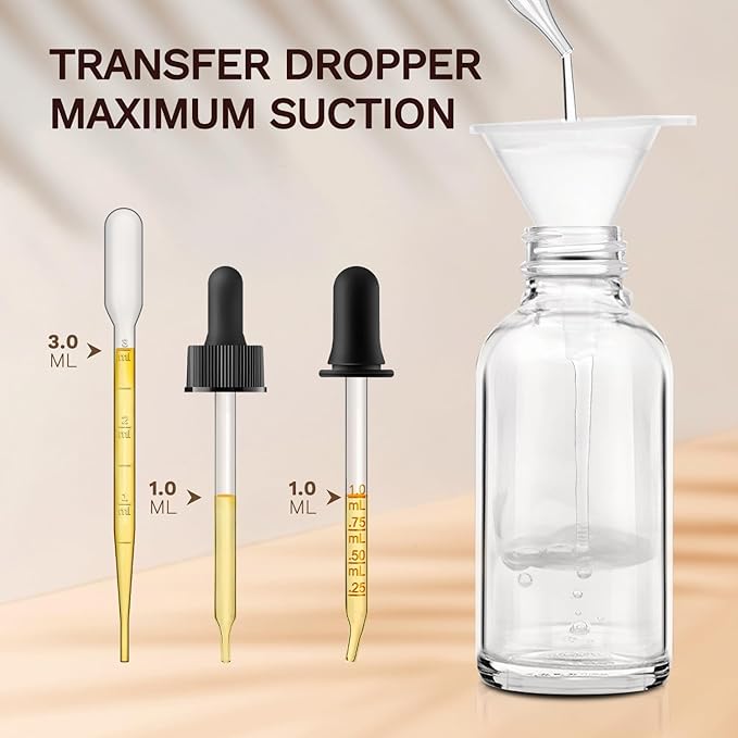 Dropper Bottle 2 oz, 10 Pack Glass Eye Dropper Bottles with Labels and Funnel, Tincture Bottle with Measured Dropper - Leakproof Essential Oils Bottles