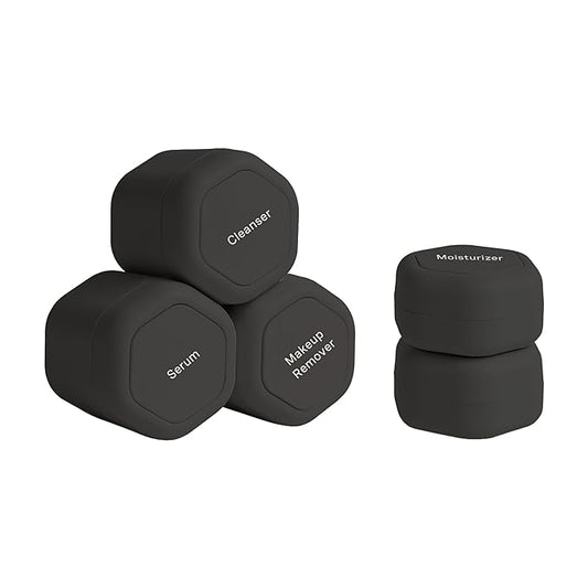 Cadence Travel Containers - Core Skincare Set - Magnetic Travel Capsules - 2 Small (0.56oz) & 3 Medium Capsules (1.32oz) with Cleanser, Moisturizer, Serum, Makeup Remover & Sun-Icon Label - Charcoal