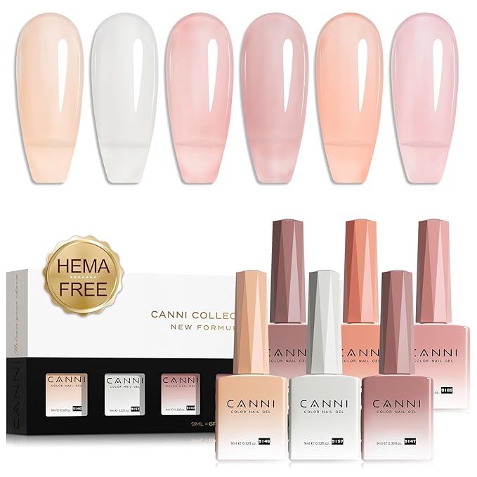 CANNI Jelly Gel Nail Polish Set, 6 Colors 9ML Nail Sheer Light Pink Transparent Milky White Gel Nail Polish Soak Off Uv LED Lamp Nail Art Design Manicure Salon for Women
