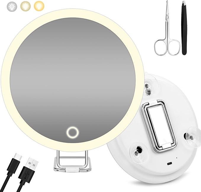 20X Magnifying Mirror with Light, Rechargeable 3 Colors Dimming Lighted Magnifying Mirror with 3 Suction Cups and 360° Stand, 6" Large Travel Tabletop Magnified Makeup Mirror with Tweezers & Scissors