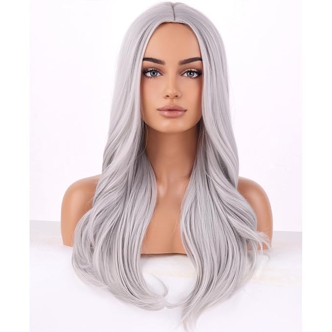 BERON Silver Wigs Long Wavy Wig for Women Natural Curly Gray Heat Resistant Synthetic Hair Wigs for Cosplay Party Daily or Use
