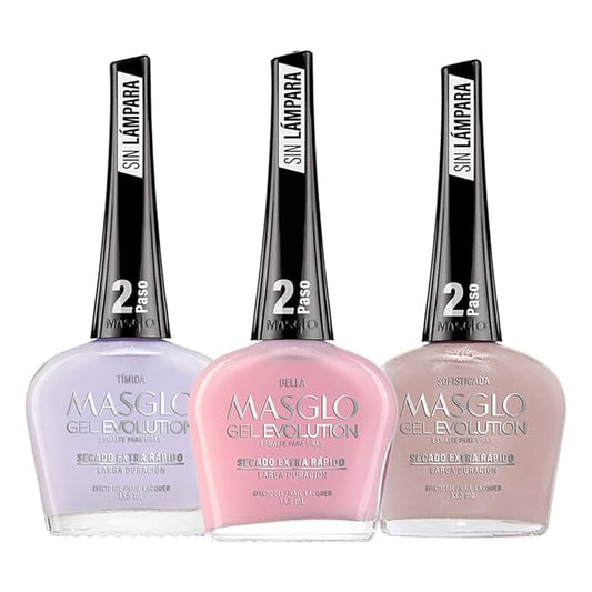MASGLO Gel Evolution – Set of 3 Nail Polishes No UV/LED Lamp Needed, Fast-Drying, 12-Day Wear, 14-Free Formula, High-Gloss Finish, vegan (0.5 oz Each)
