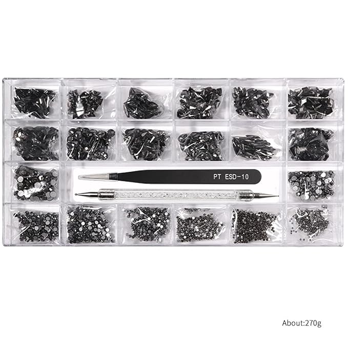 12 Types of Mine Black 600 Diamonds + 2500 Flat Rhinestones Mix 20 Styles Flatback DIY Crafts Rhinestone Crystals 3D Decorations Flat Back Stones Set +Tweezers + Drill Pen