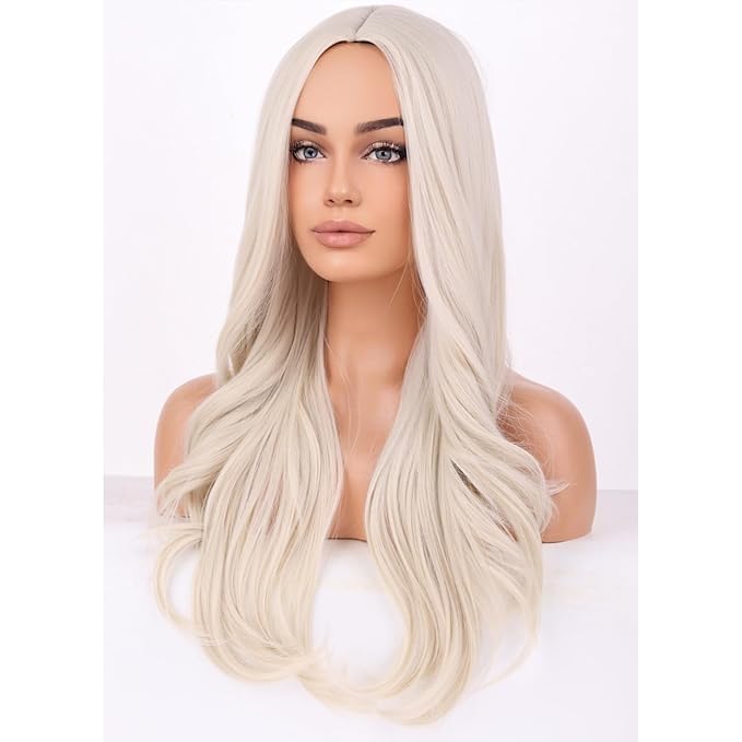 BERON Platinum Blonde Wigs Long Wavy Wig for Women Natural Curly Light Blonde Heat Resistant Synthetic Hair Wigs for Cosplay Party Daily or Use