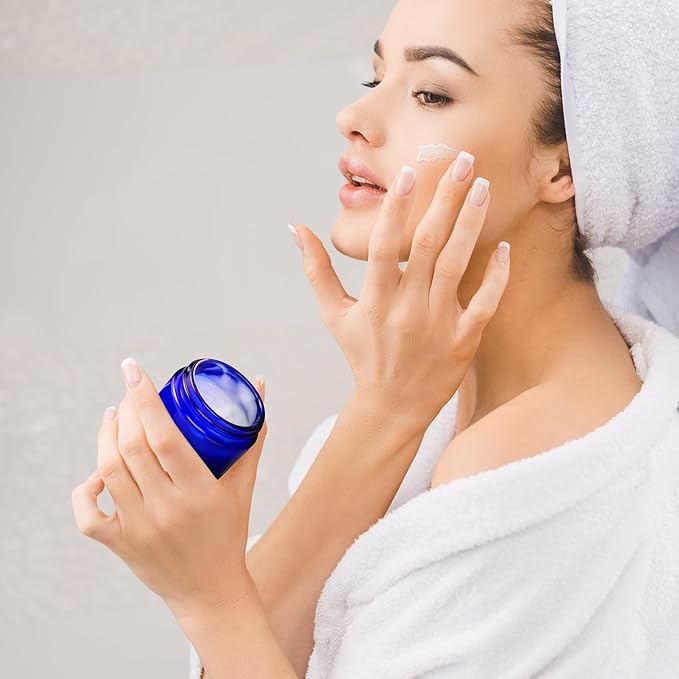 Norme 64 Pcs 4 oz Glass Jars with Lids Leakproof Round Airtight Empty Cosmetic Jars with Inner Liners Lid for Storing Lotions Powder Ointments Candle Making (Blue,Black)