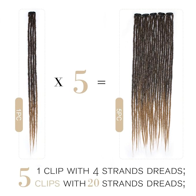 Ombre Brown 5 Clips-In Dreadlock Extensions for Women, Clip-In Synthetic Dreadlock Hair Extensions with 10 pcs Double Ended Dreads Attached …