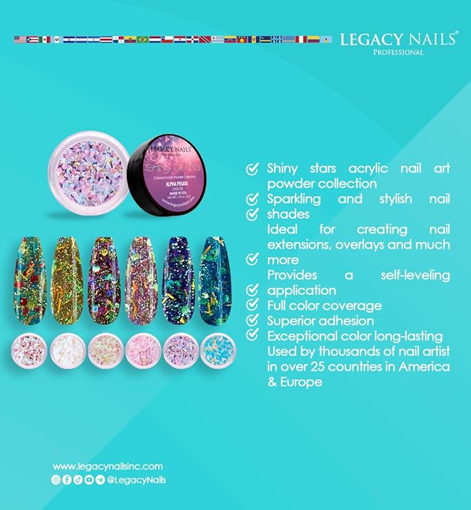 Legacy Nails Professional COLLECTION Acrylic Powder Kit 6 Colors Nail Art Set for Manicure DIY for Dip & Acrylic Nail Extensions (SHINY STARS COLLECTION)