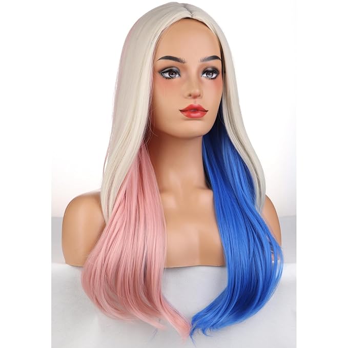 BERON Pink and Blue Wigs Long Wavy Wig for Women Girls Ombre Color Heat Resistant Synthetic Hair Wigs for Cosplay Party Daily or Use