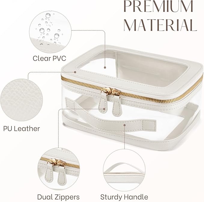 Clear Cosmetic Bag Set for Women Makeup Bag with Handle, TSA Travel Toiletry Bag Transparent Cosmetic Case Portable Make Up Organizer Bag for Essentials (White, Mini+S)
