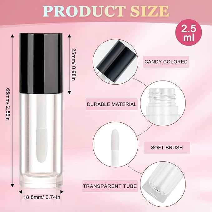 50pcs 2.5ml Empty Lip Gloss Containers Lip Gloss Tubes with Wand Cute 0.08oz Clear Refillable Lipgloss Making Supplies Kit for DIY Makeup + 2pcs Syringes (Black)