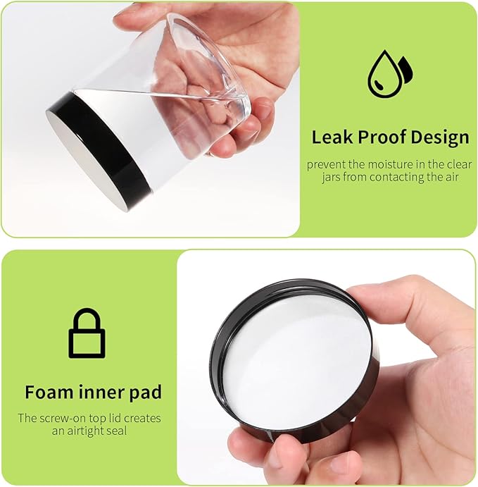 48 Pack 120ml 4 oz Empty Clear Plastic Jars with Black Lids, Refillable Round Containers for Slime,Beauty Products, powder, Cream, Scrubs, Cookie,Dried Fruit. Include 1 Pen and 120 Labels.