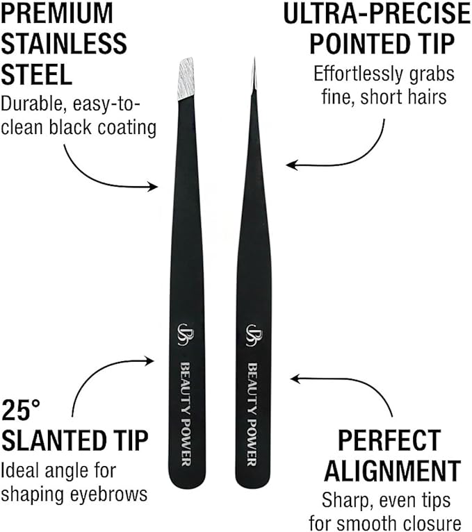 Professional Tweezers Set – Slant & Point, Ultra Precision German Stainless Steel Tweezers for Eyebrows, Chin, Ingrown Hair & Facial Grooming – Lightweight with Travel Case (Matte Black)