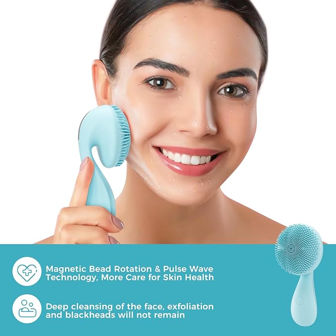 2 in 1 Facial Cleansing Brush,Rotating Magnetic Beads & Massage Cleaning Silicone Face Scrubber，Waterproof and Rechargeable Face Scrub Brush